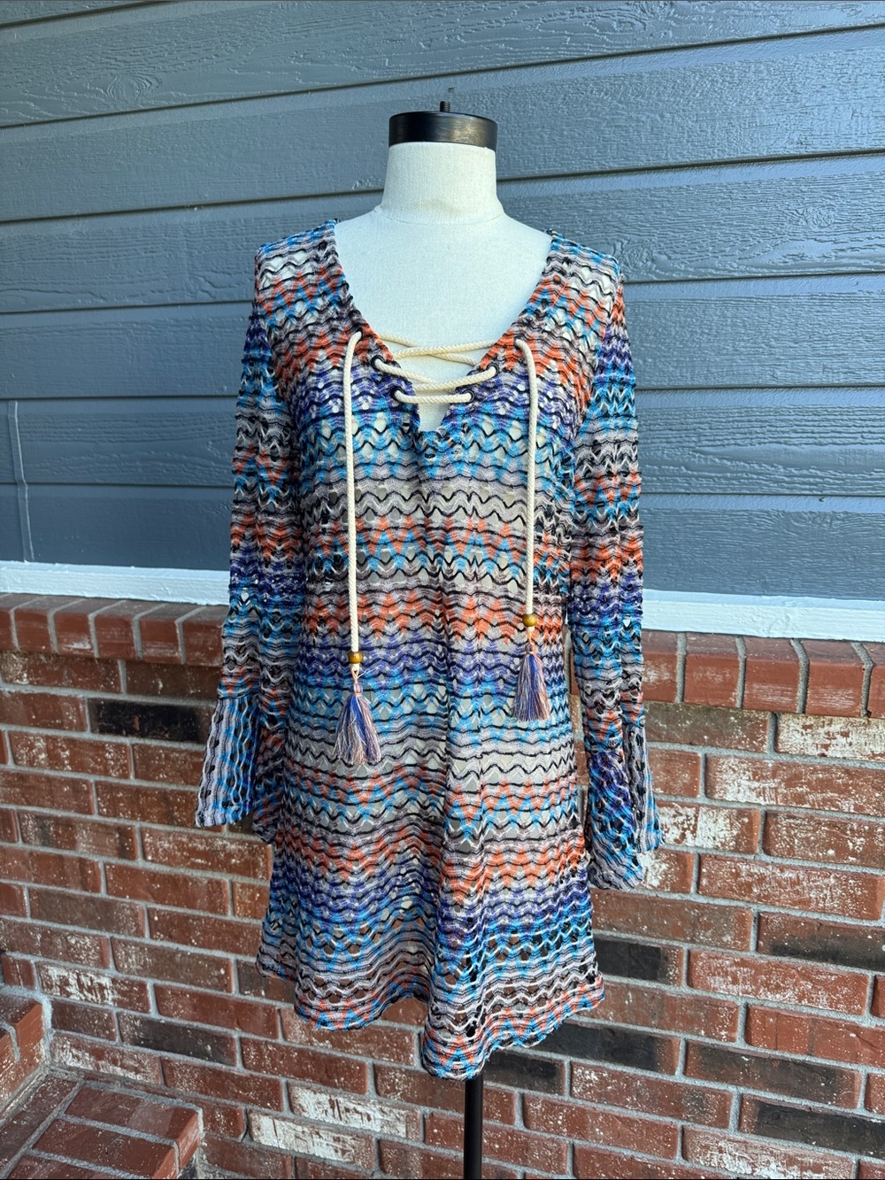 Lucky Brand Crochet Knit Lace Up Swim Cover Up Tunic Dress Women's Size Small